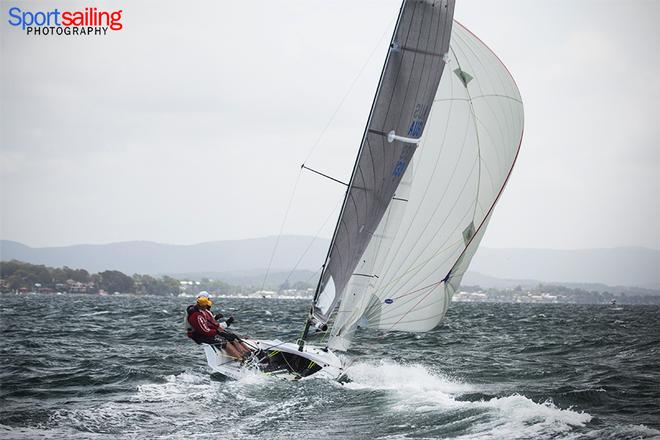 Rock Hard under gennaker  - VX One Championships in Lake Macquarie 2014 © Beth Morley - Sport Sailing Photography http://www.sportsailingphotography.com